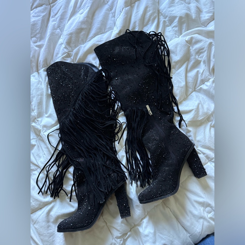 Jessica Simpson Black Bedazzled Fringe Boots